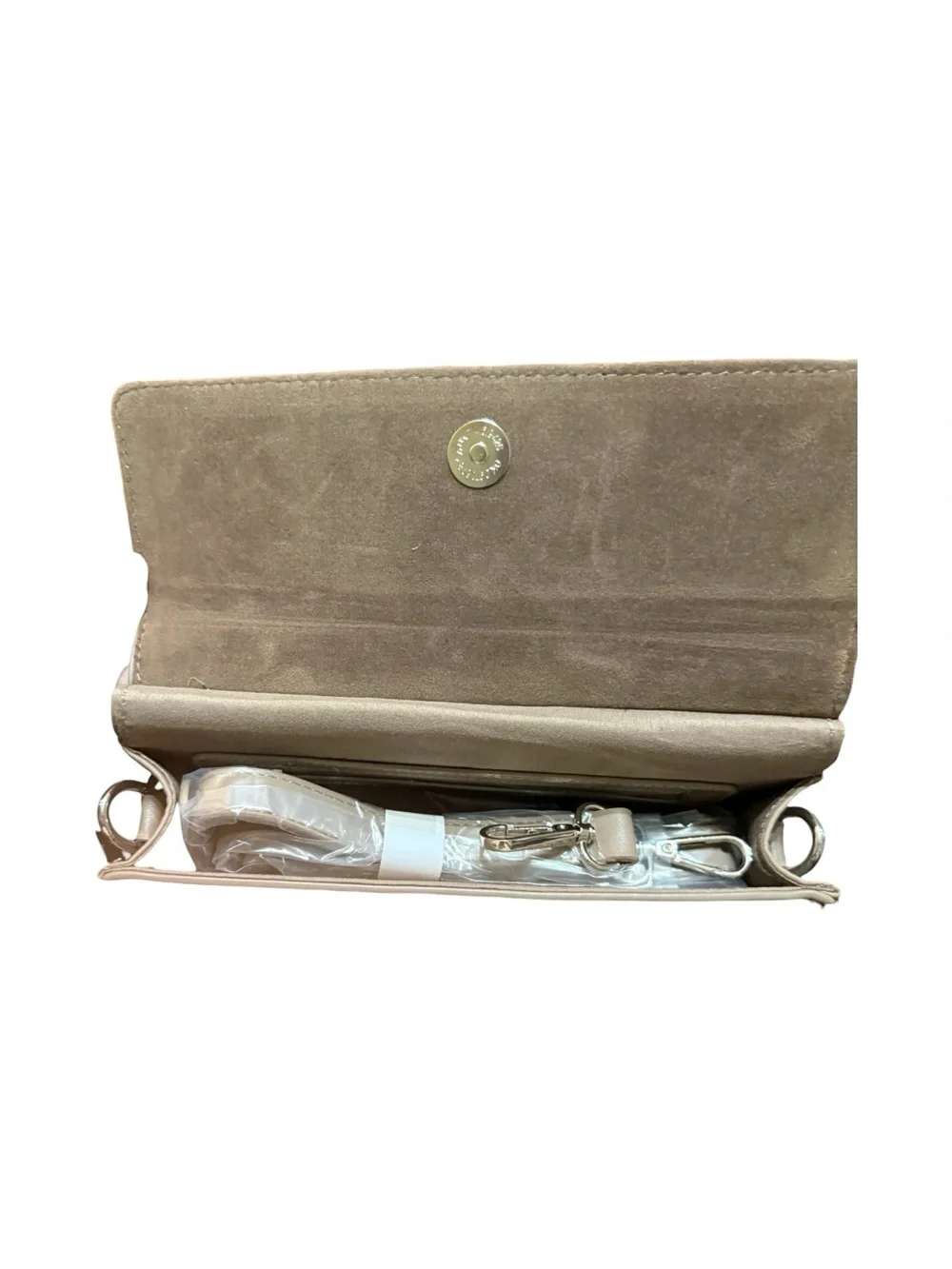 Badgley Mischka Taupe Vegan Leather Crossbody Bag NWT Logo Clasp